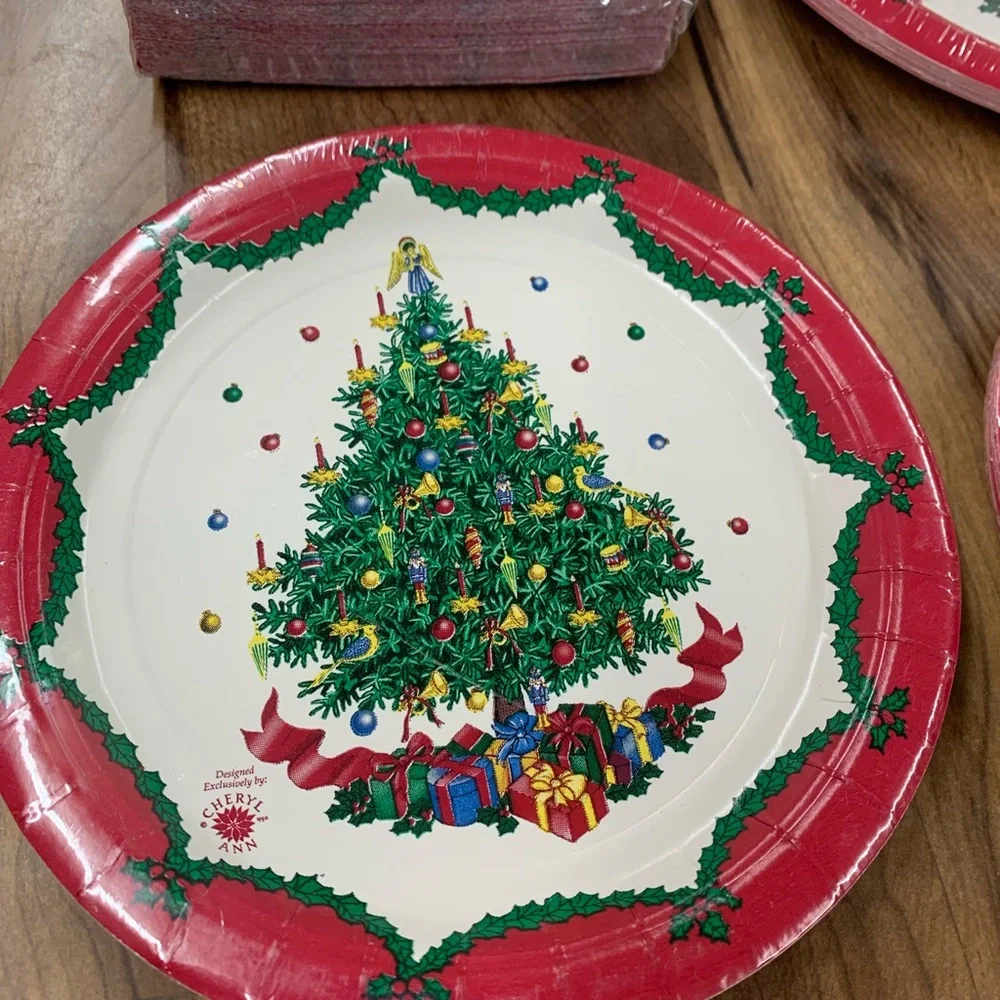 Vintage Lot Christmas Tree Paper Party Plates Tablecloth Napkins Holiday Set